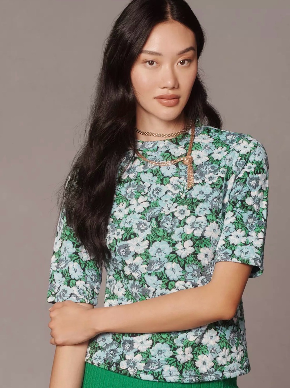Maeve Short-Sleeve Mock-Neck Jacquard Top
